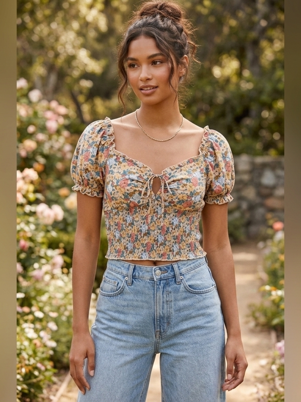 Smocked Floral Puff Sleeve Crop Top - Multi Floral